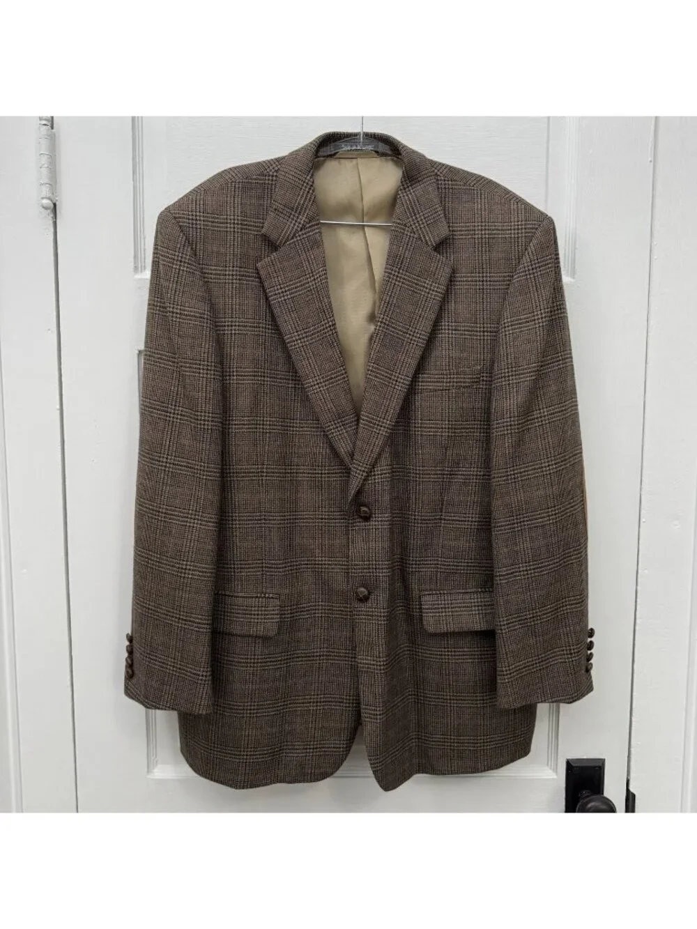 Meeting Street 44R Brown Glen Plaid 100% Lambswool Sport Coat Elbow Patches